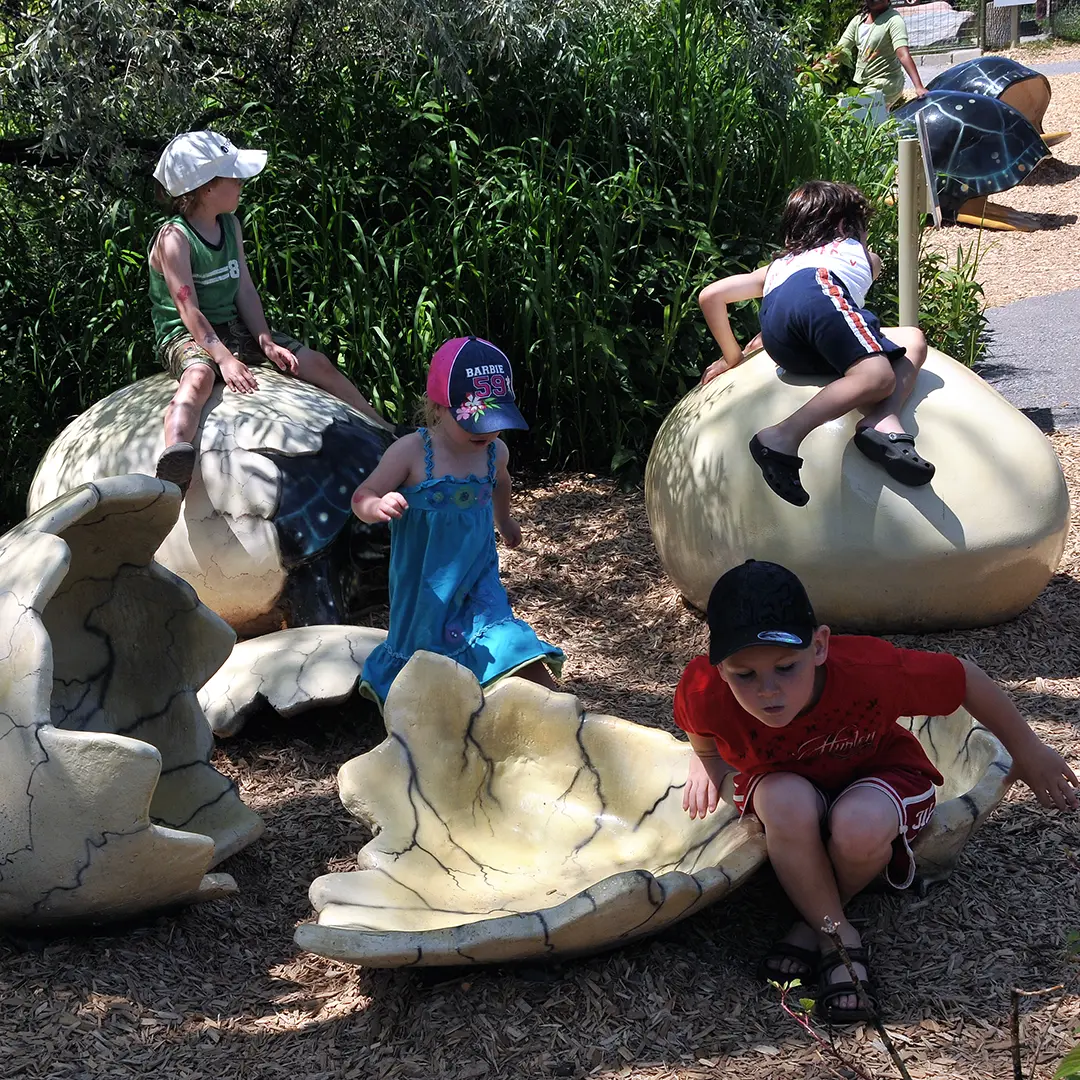 Children playing on giant egg shells